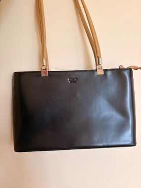 Veneto Black Leather Tote with Tan Straps